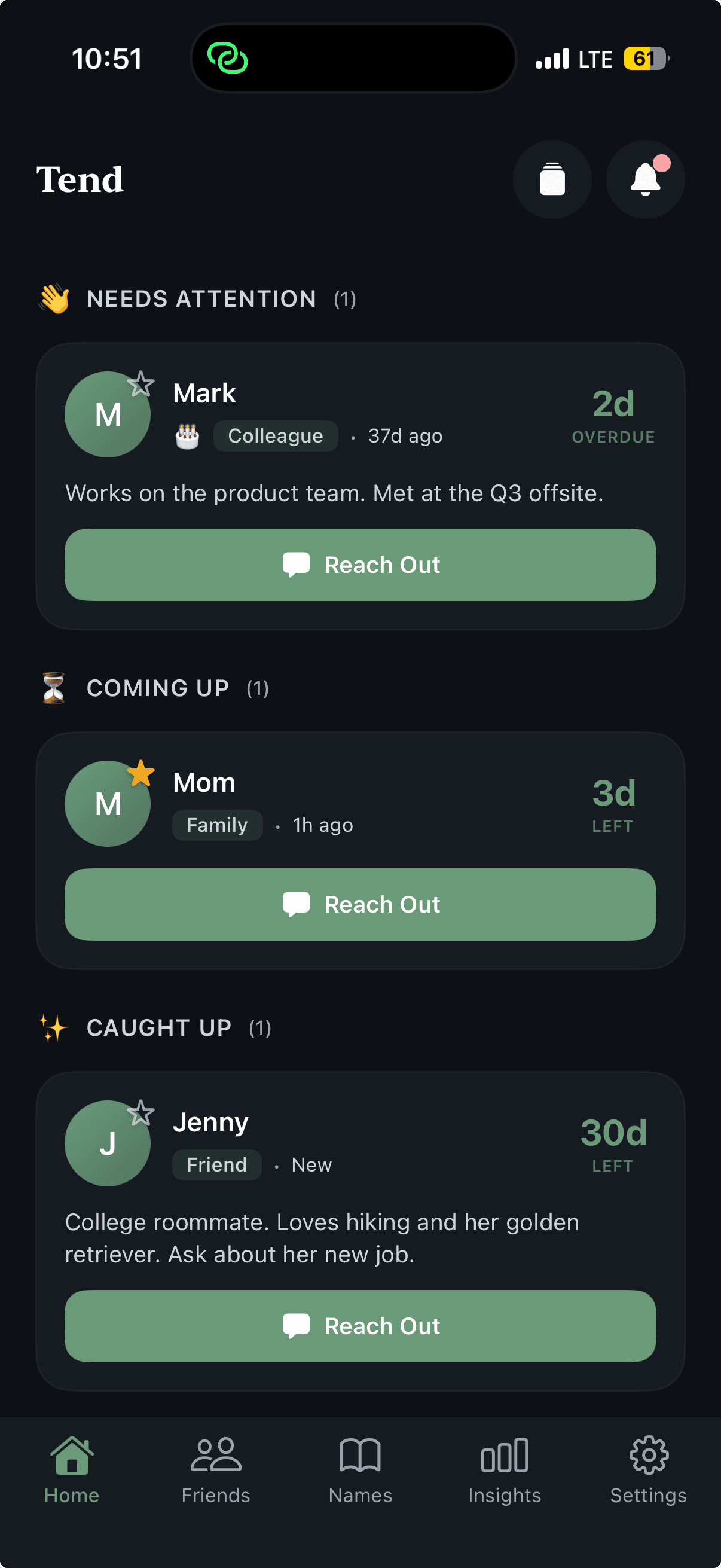 Tend app home screen showing contact reminders